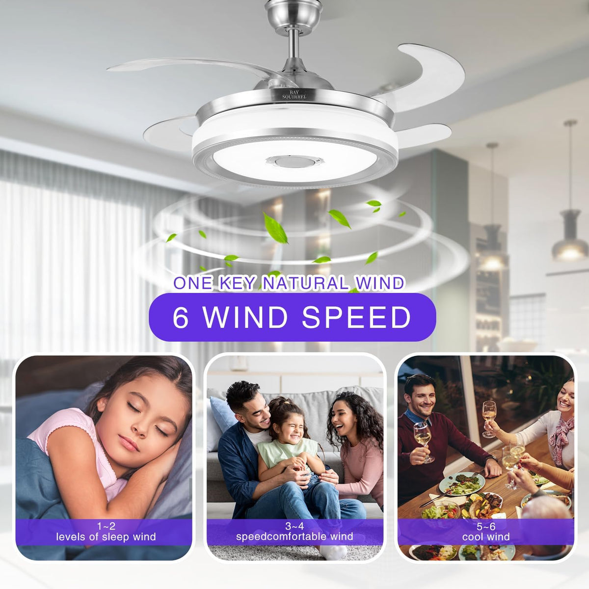 Flush Mount Retractable Ceiling Fan with Light