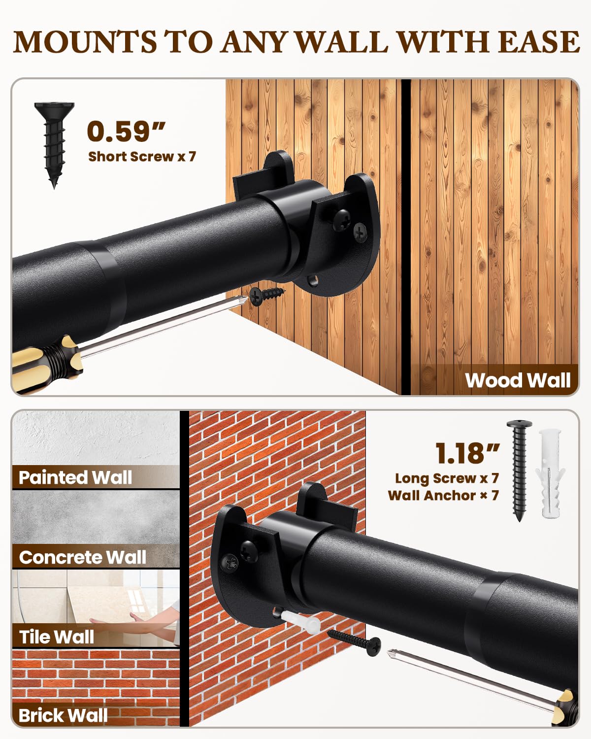 Closet Rod, 17-69 IN Closet Rods for Hanging Clothes, Black