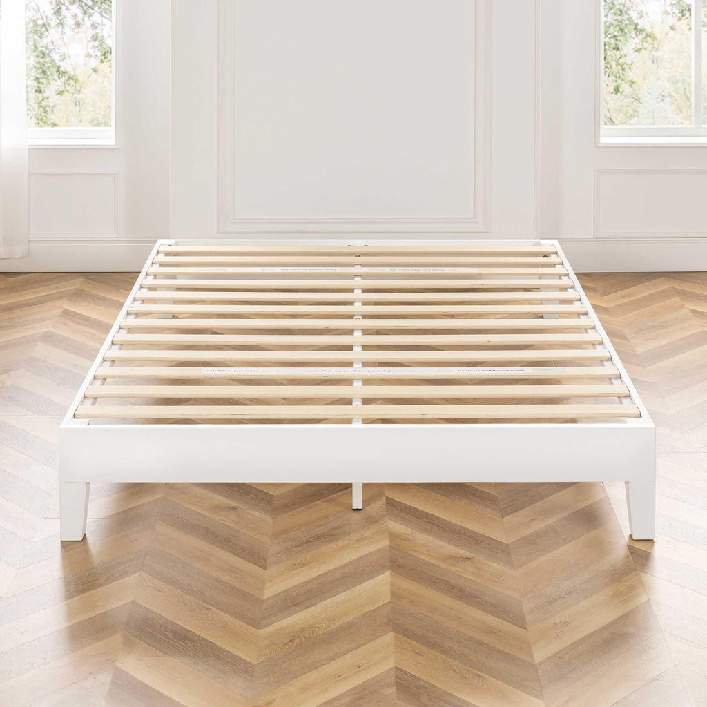 Naturalista Grand 12 Inch Solid Wood Platform Bed with Wooden Slats, Easy Assembly, Queen, White