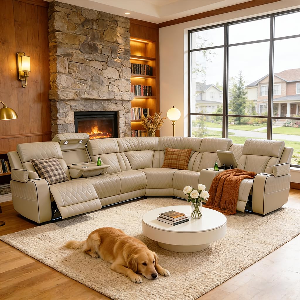 Breathing Leather Power Reclining Sofa Set, Sectional Couch with LED Light