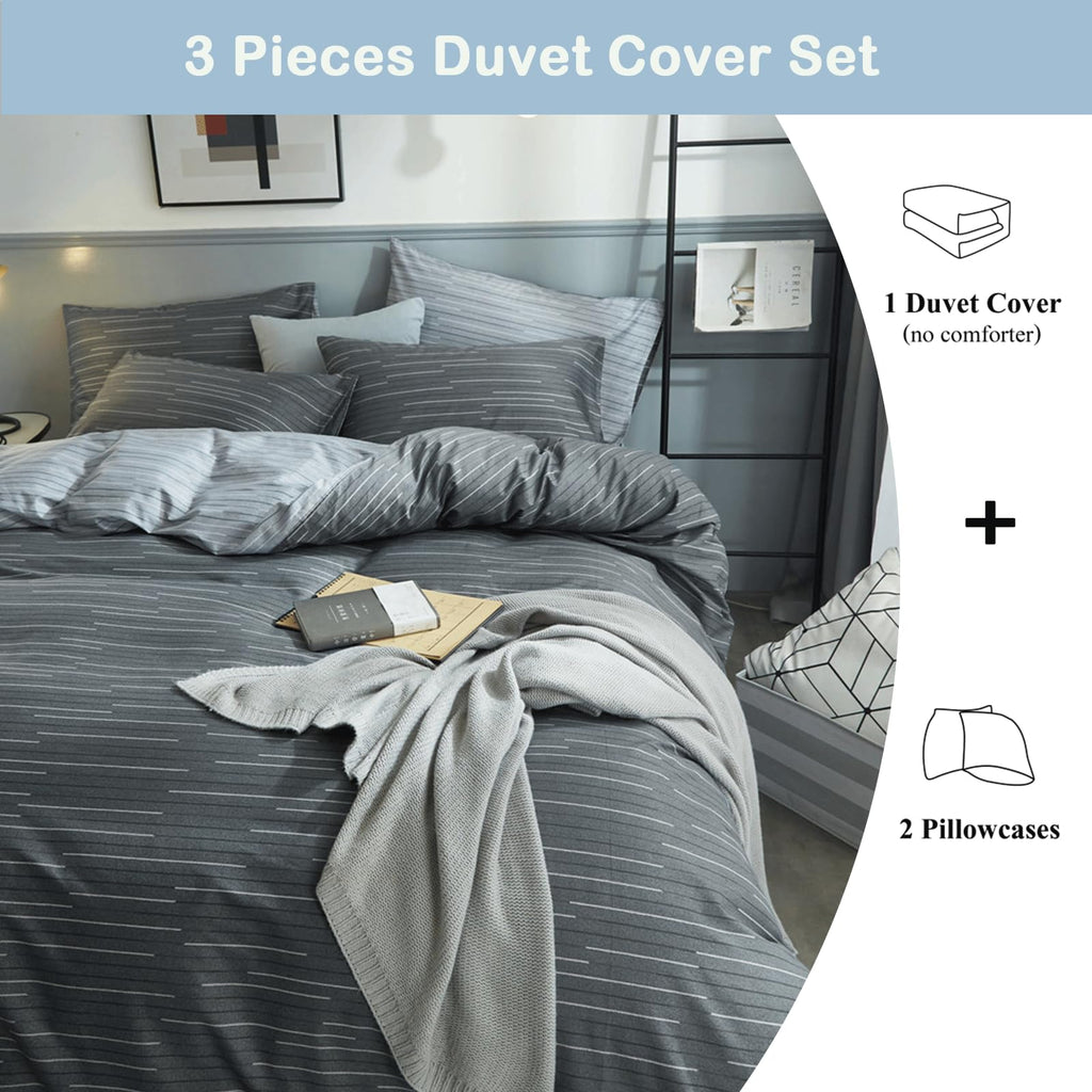 Striped Duvet Cover Set 100% Cotton, (104"x90"), Dark Grey Stripes