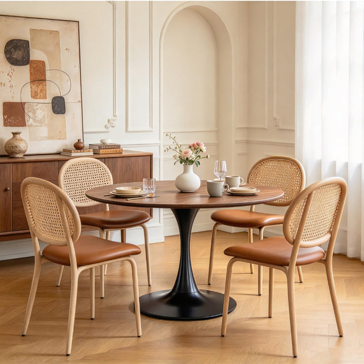 Inspired Saarinen Style 42 Inch Walnut Round Dining Table for 4, Tulip Dining Table with Thickened Tabletop & Sturdy Metal Pedestal, Mid
