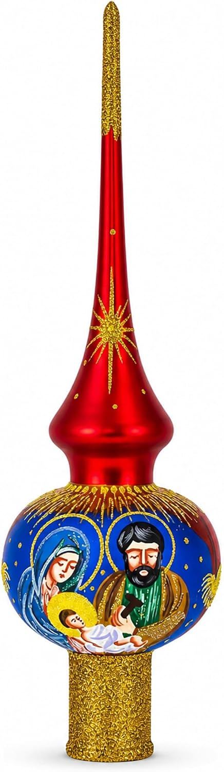 Holy Family Nativity Scene on Red Glass Christmas Tree Topper 11 Inches