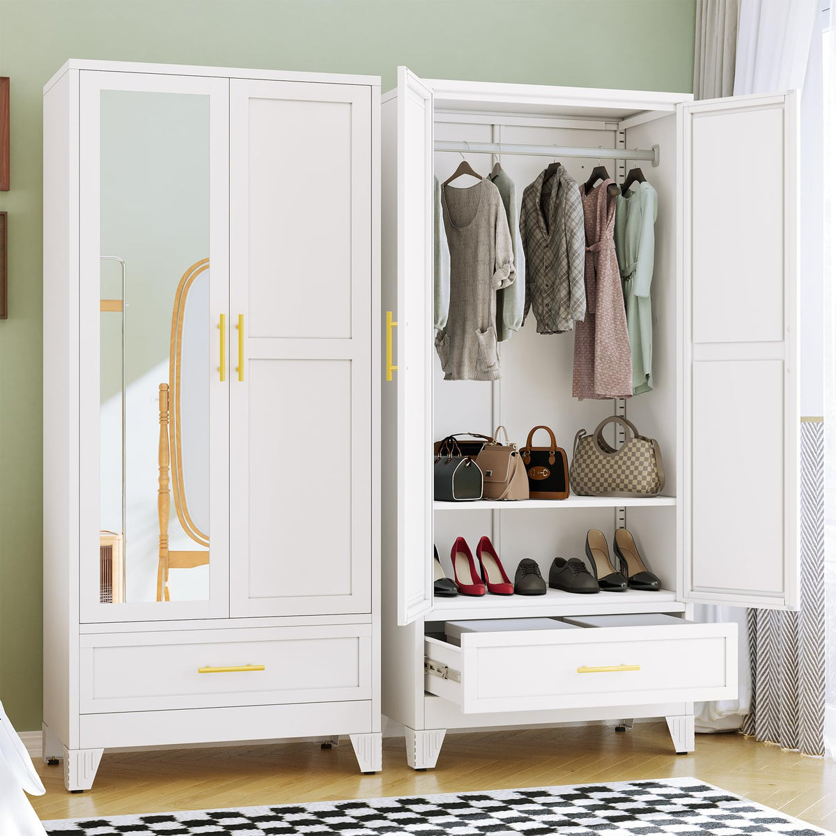 Metal Armoire Wardrobe Closet, 71" Bedroom Closet with Mirror White