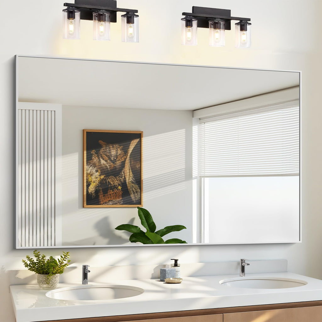 Silver Bathroom Mirror, 60"x36" Large Rectangle Bathroom Mirror for Wall, HD Tempered Glass, Anti-Rust Brushed Silver