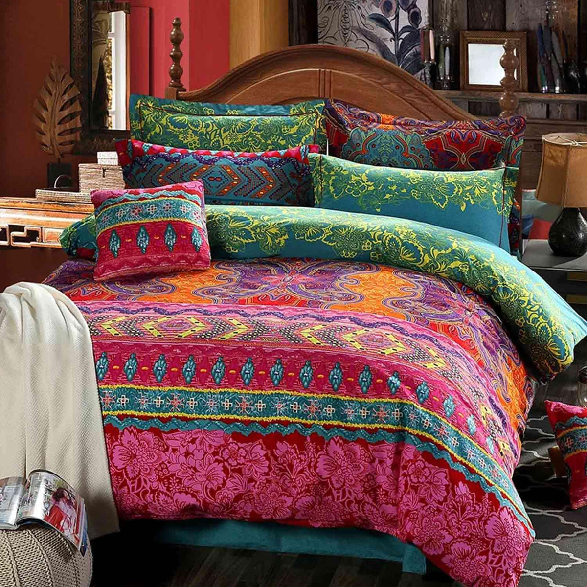 Boho King Size Comforter Set 3 Piece, Colorful, 90x104 Inch