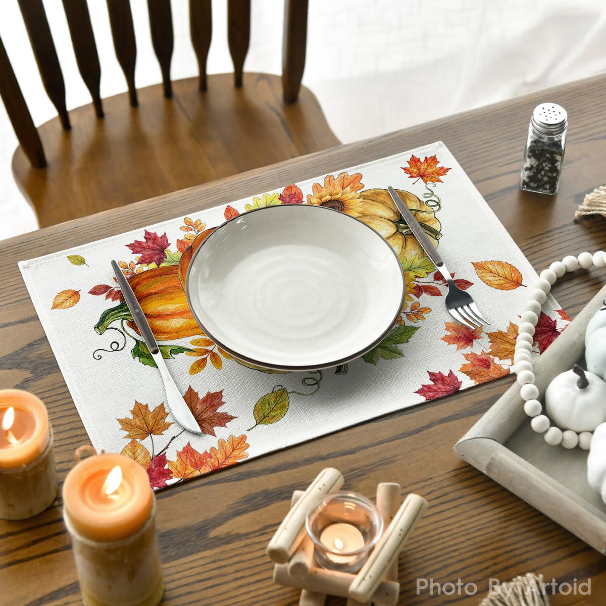 Pumpkins Maple Leaves Fall Placemats Set of 6, 12x18 Inch Seasonal Autumn Thanksgiving Table Mats for Party Kitchen