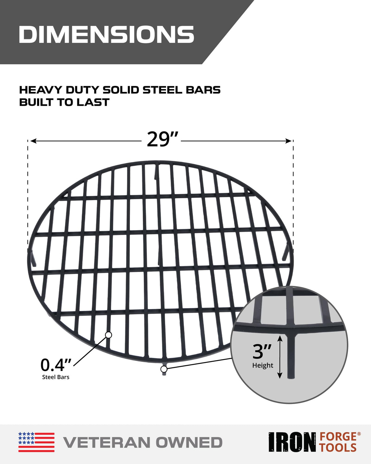 Heavy Duty Round Fire Pit Grate for Outside 29 Inch