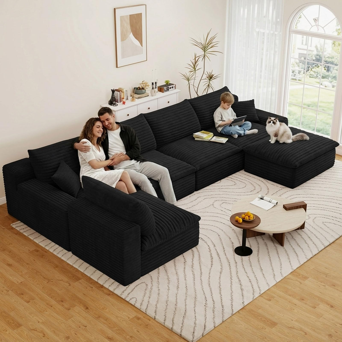 136" Cloud Couch Modular Sectional Sofa, U-Shape Boneless Couch with Deep Seat, Modern Corduroy 5-Seater with