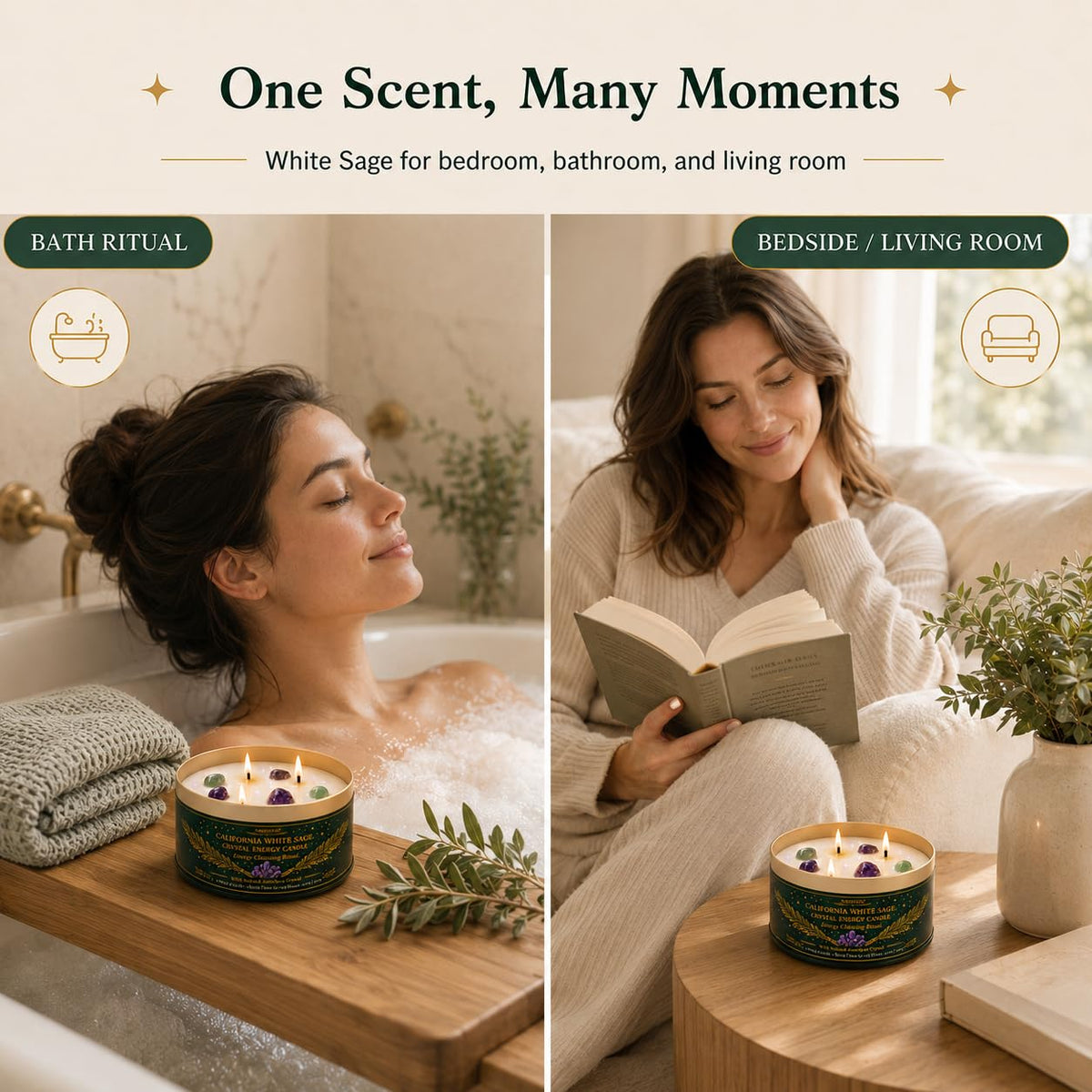 Sage Candle for Cleansing, 3 Pack Scented Candle Soy Candles with Crystals