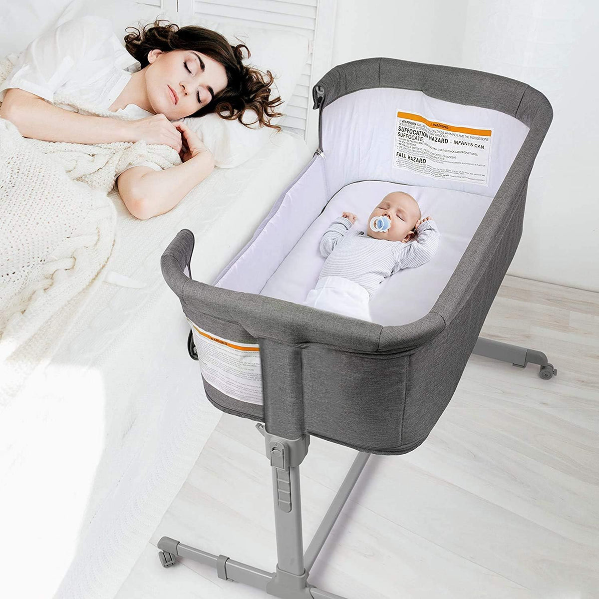 3 in 1 Baby Bassinet, Bedside Sleeper, & Playpen, Easy Folding Portable Crib (Grey)- (Bassinet)