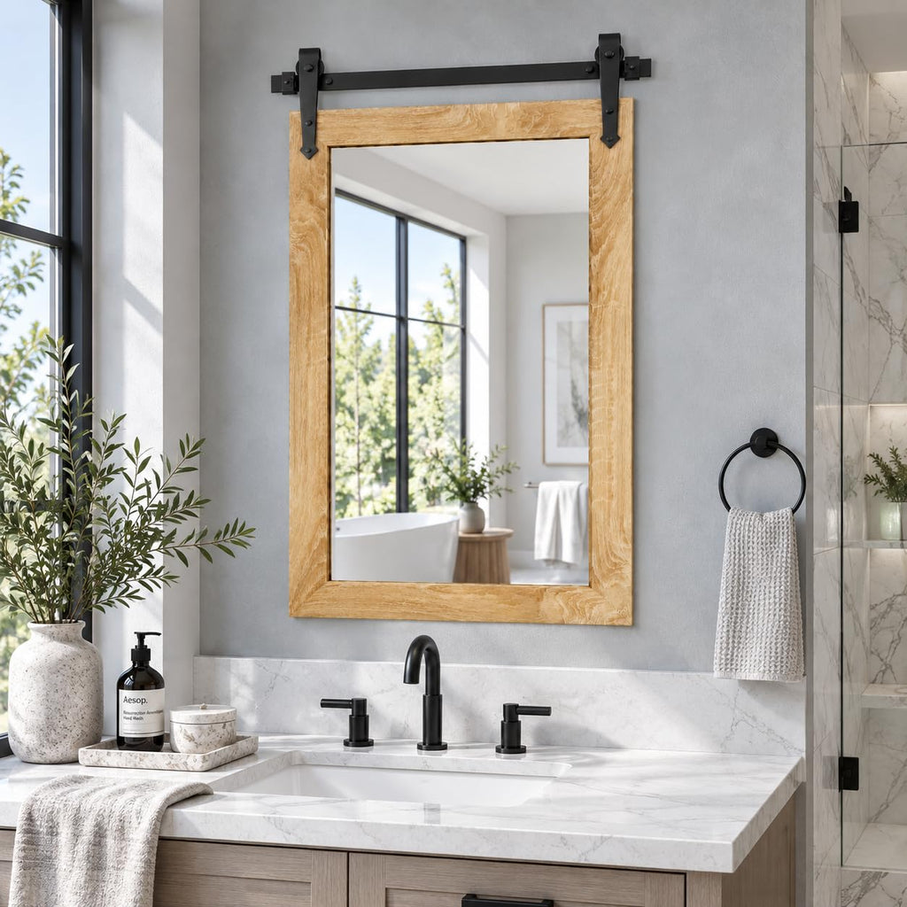 Farmhouse Bathroom Mirror 26"x40" Rustic Wood Framed Wall Mirror Barn Door Mirror for Wall (Brown)