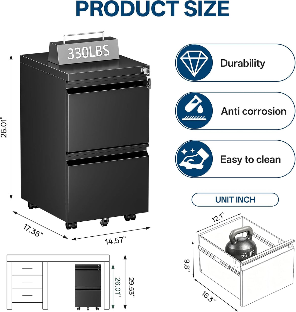 Fully Assembled 2 Drawer Mobile File Cabinet with Lock | Under Desk Metal Filing Cabinet , Rolling Storage for