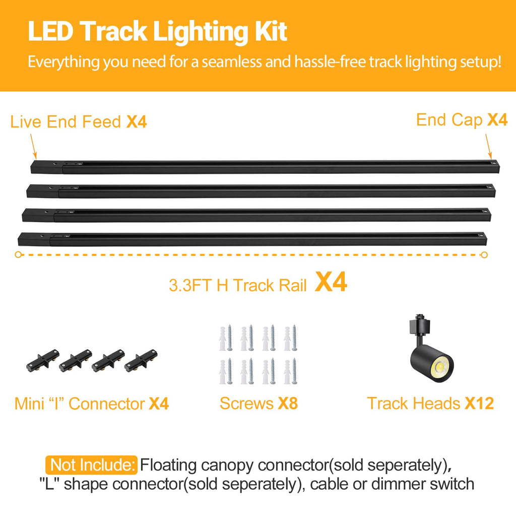 LED Track Lighting Kit with 13FT H Type Track Rail, Black