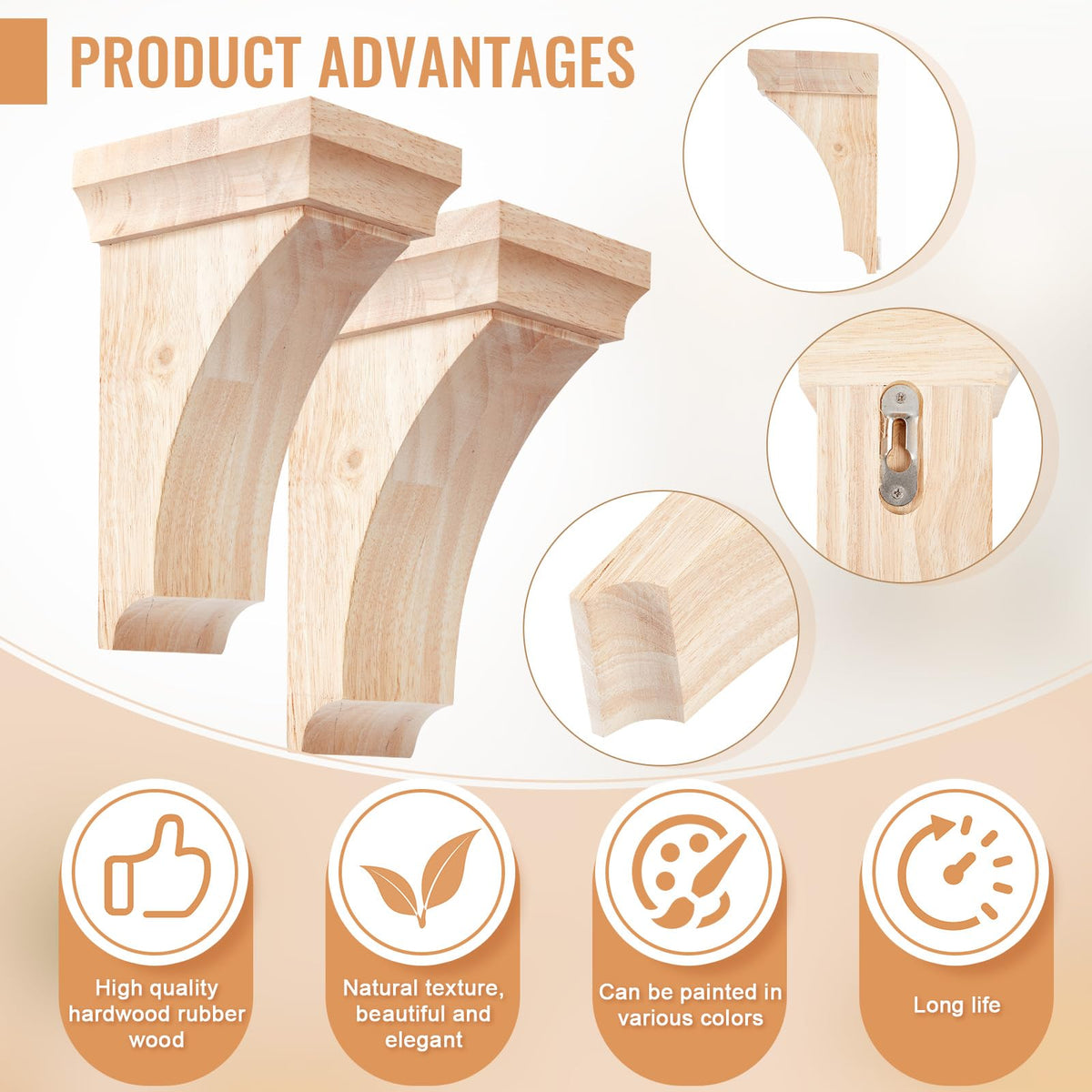 2 Pcs 3-1/2" x 3-3/4" x 6" Wood Corbels, Wooden Shelf Brackets
