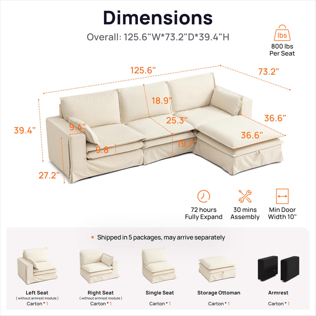 125" Washable Oversize Modular Sectional Sofa Couches, Beige
