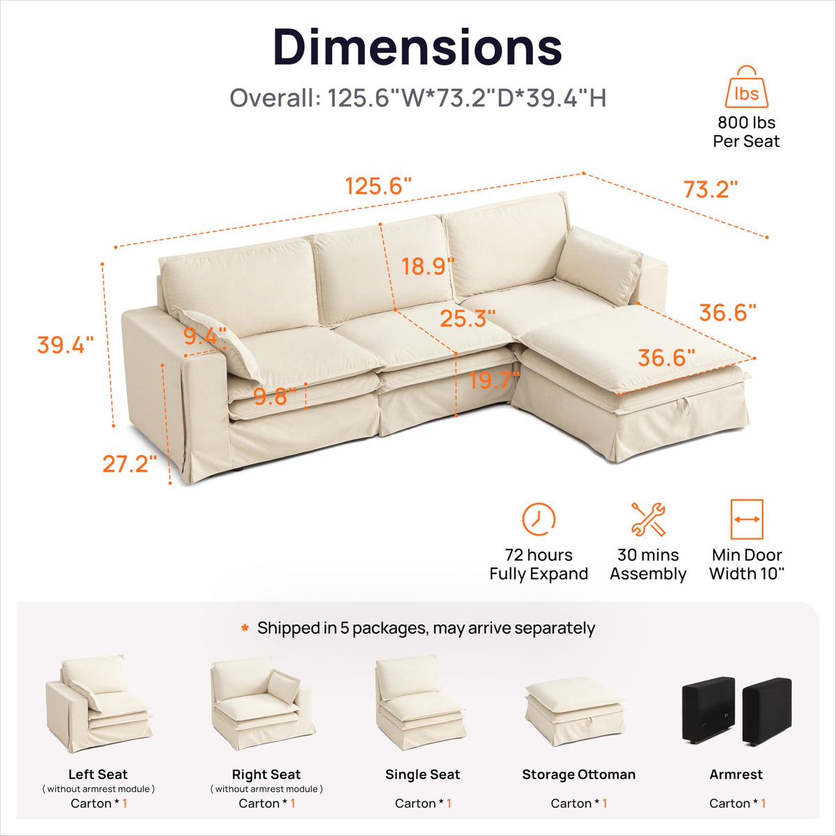 125" Washable Oversize Modular Sectional Sofa Couches, Beige