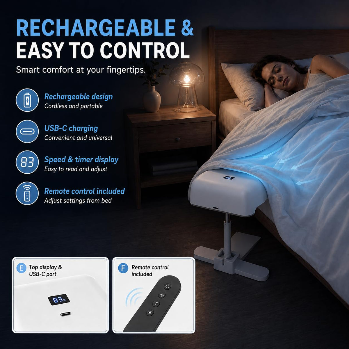 Sleep Bed Fan, 5-Speed Low Noise Air Fan Featuring Digital Screen, Height Adjustable And USB Rechargeable, Quick