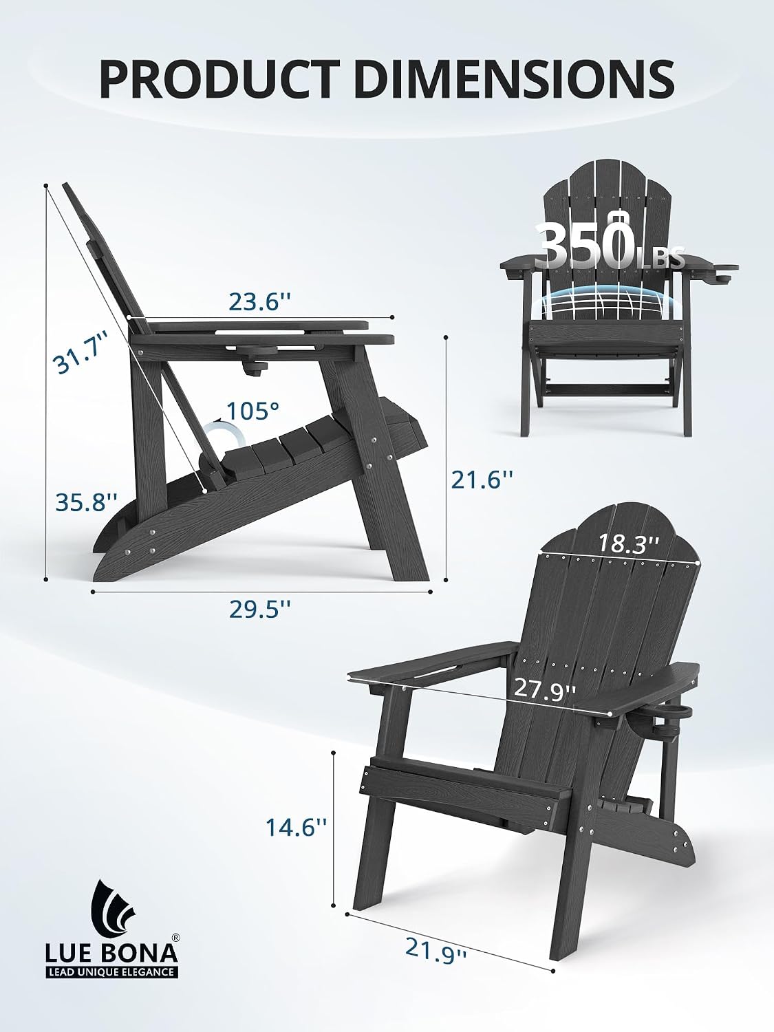 HDPE Adirondack Chairs Set of 2, Black Fire Pit Chairs | All-season weather resistant, ergonomic comfy design