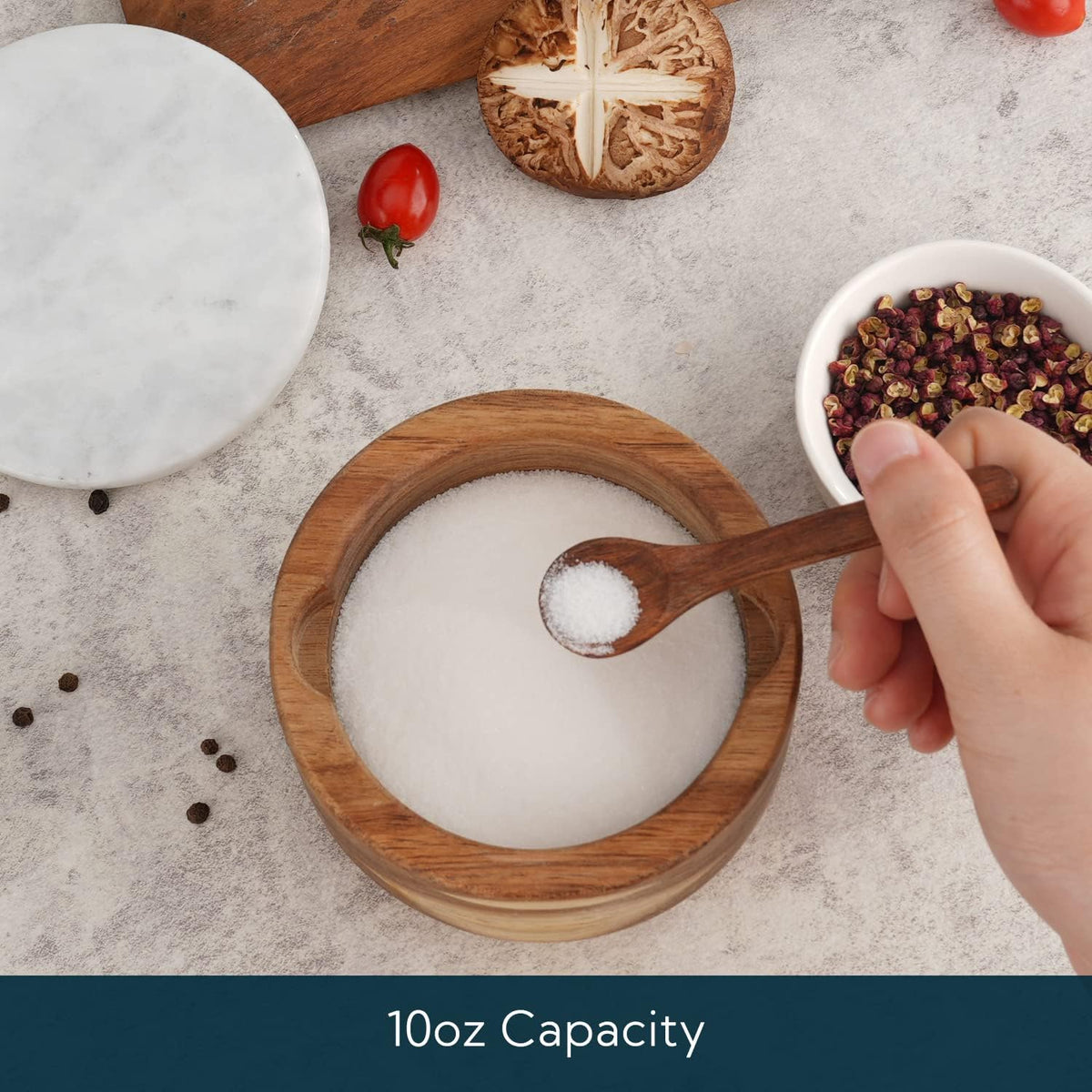 Large Acacia Salt Cellar Box Bowl with Built-in Spoon and Marble Lid, Solid Natural Acacia Wood Bath Sea Salt