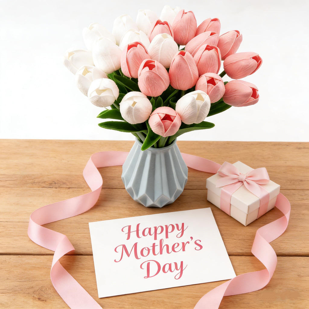 28 Pcs Artificial Tulips, 13.5 Inches PU Faux Tulip Flowers for Spring Easter Celebration Mother's Day Brunch Table