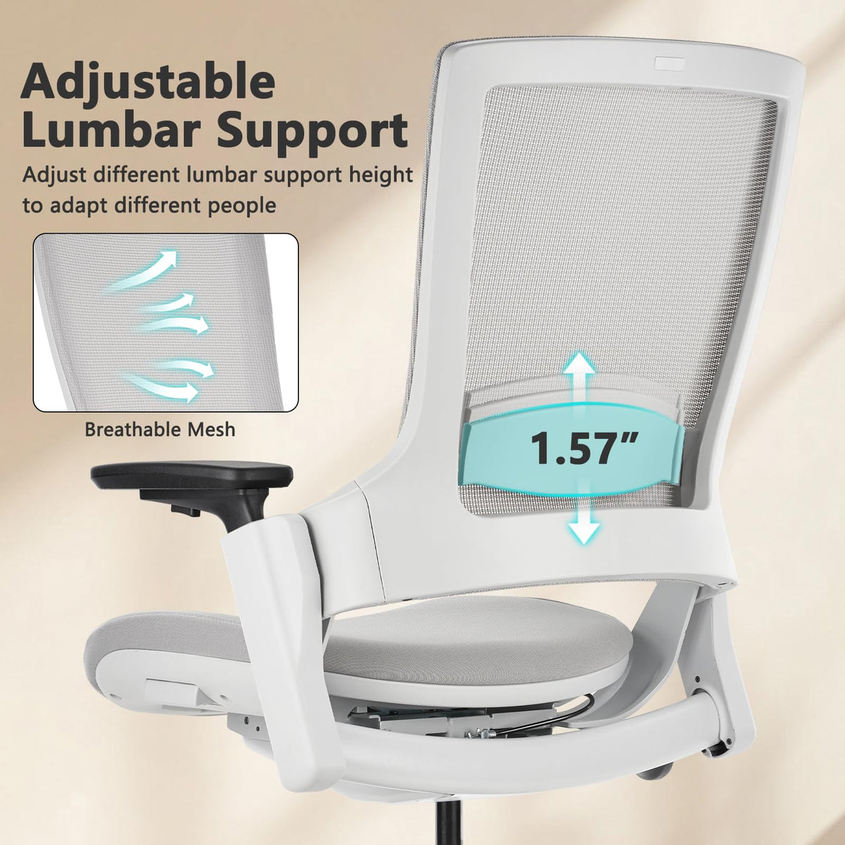 Ergonomic Office Chair — Light Grey Mesh, Flex Back, Adjustable Seat Depth