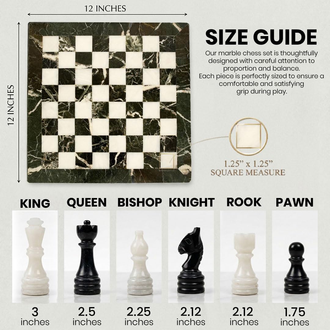 Marble Chess Set with Board and Storage Box - Handcrafted Stone Chess Board with Marble Chess Pieces, 12x12 Inch - Set of 32