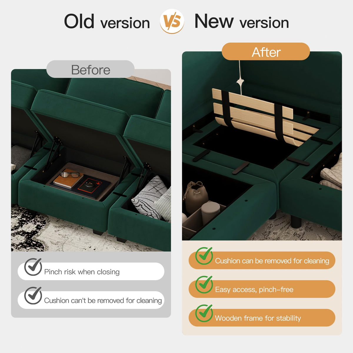 Modular Velvet Sectional Sofa with Chaise Lounge Sectional Sleeper Sofa with Storage Chaise Bed Couch Green