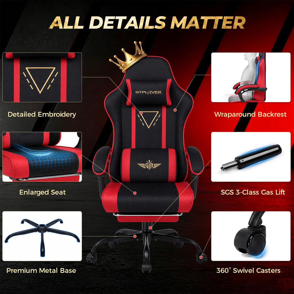 Video Gaming Chair Fabric, Ergonomic Computer Chair with Footrest and Pocket Spring Cushion, Height Adjustable Video