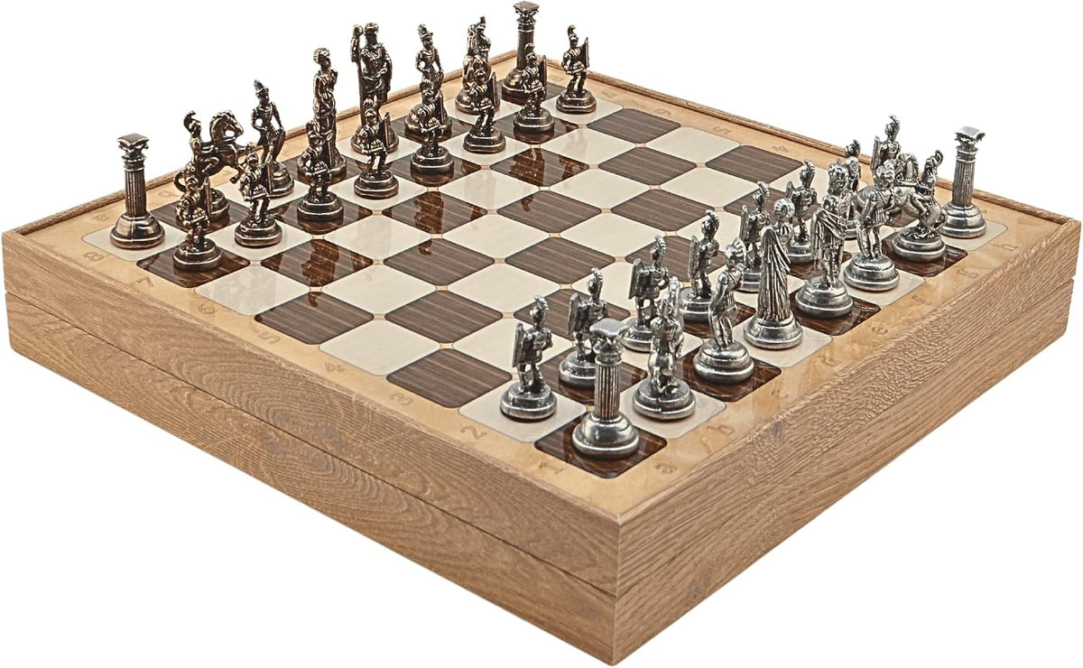 Metal Chess Set for Adults Historical Rome Antique Copper Figures,Handmade Pieces and Different Design Wooden Chess