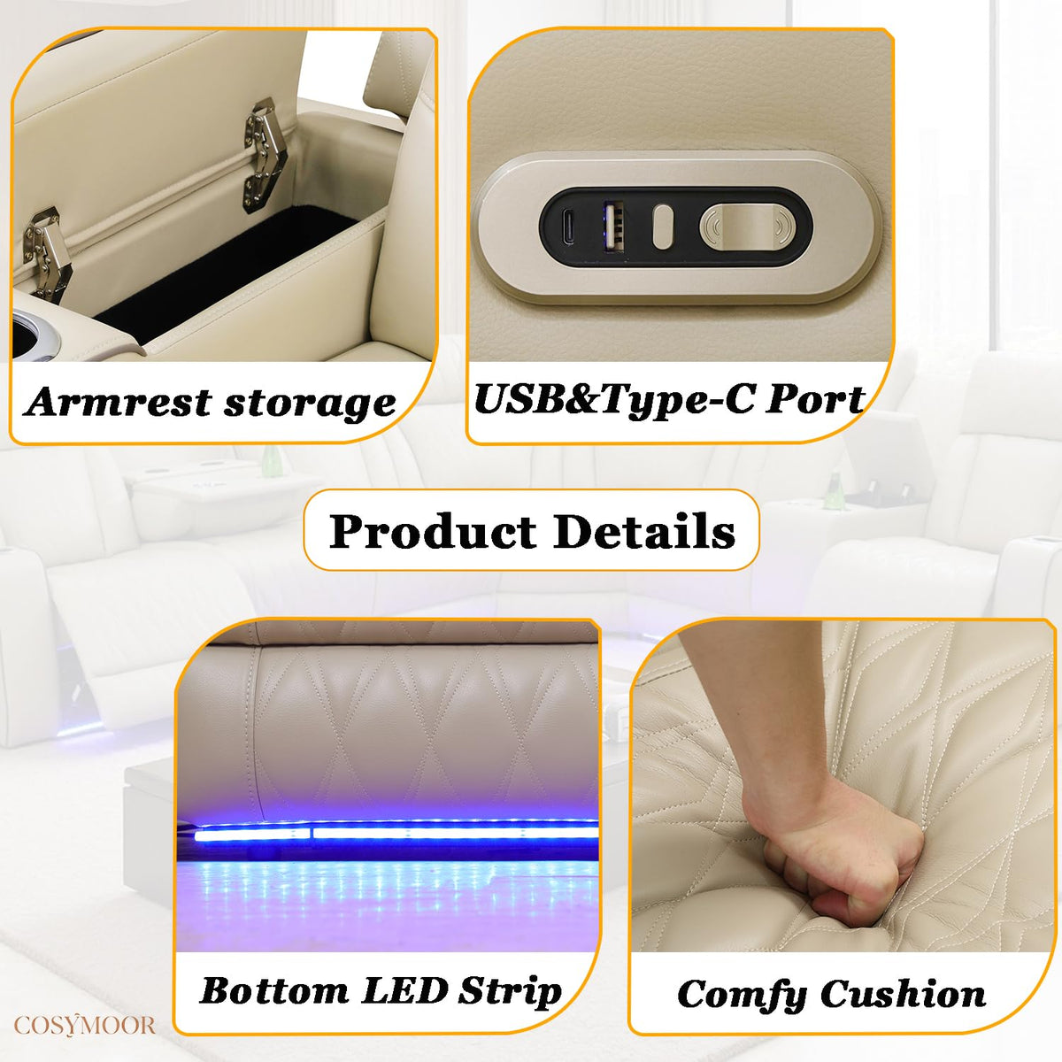 Living Room Furniture Sets, Power Recliner Sectional Sofa with LED Light