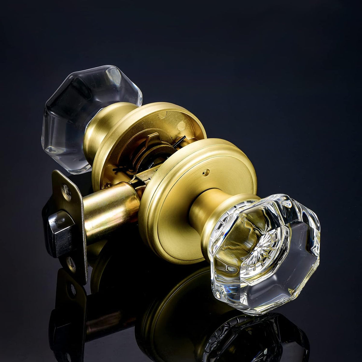 Gold Door Knob with Lock, Octagon Crystal Glass Door Knobs for Interior Door, Privacy Function Bathroom Bedroom Door