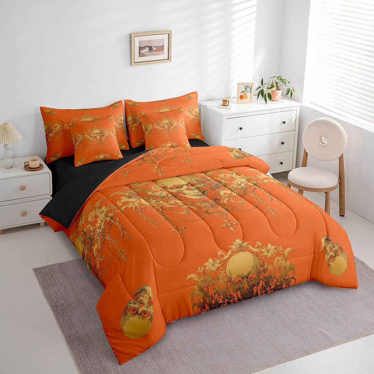 Gothic Bed in a Bag King Size Comforter Set 7 Pieces, Goth Sugar Skull Orange Yellow Damask Bedding Set, Bohemian