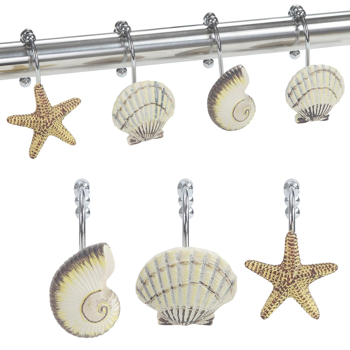 Coastal Seashell Shower Curtain Hooks, Under the Sea Beach Starfish Bathroom Shower Curtain Hooks Rust Proof, 5