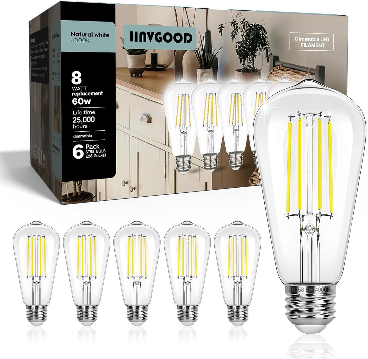 LED Light Bulbs Dimmable Vintage Edison Bulb, E26 LED Bulb 60W Equivalent 800 Lumens, Neutral White 4000K, ST58