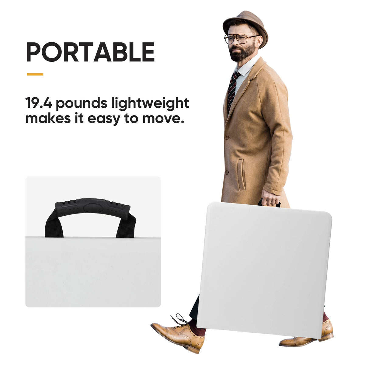 4ft Portable Folding Table Plastic Indoor Outdoor Picnic Party Camp Dining Table with Handle, White