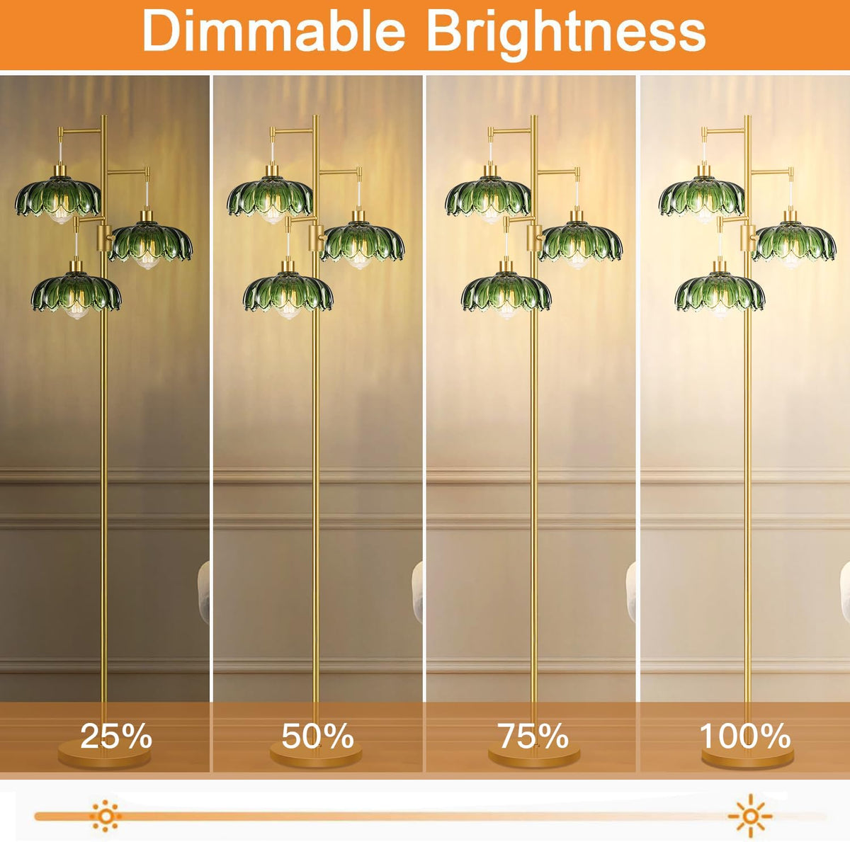 Vintage Floor Lamps Bedroom-3 Light Dimmable Gold Floor Lamp with Glass Lampshape, Flower Tall Lamp Modern Mid