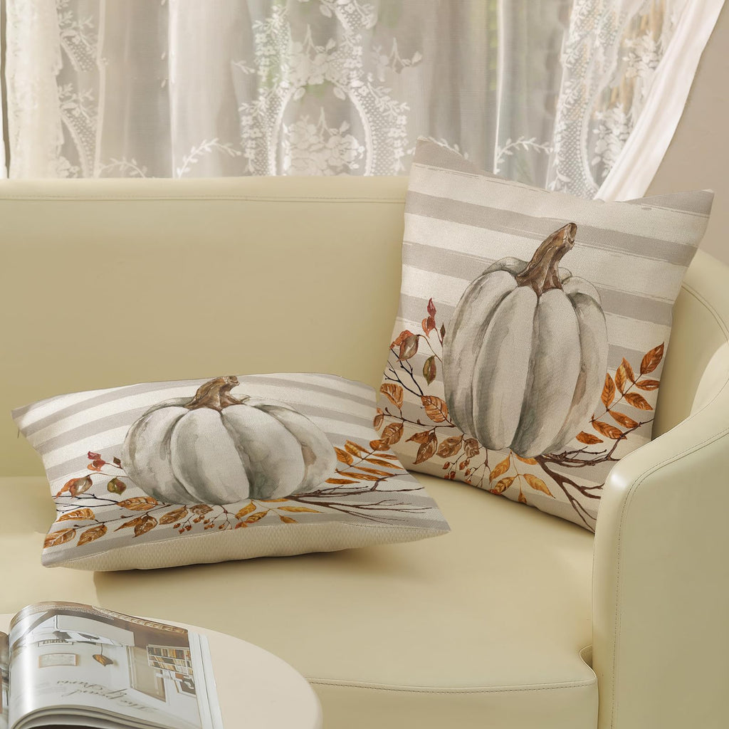 Fall Pillow Covers 24x24 Set of 2 Pumpkin Leaf Branch and Stripes Fall Decor Pillowcase Linen Autumn Thanksgiving