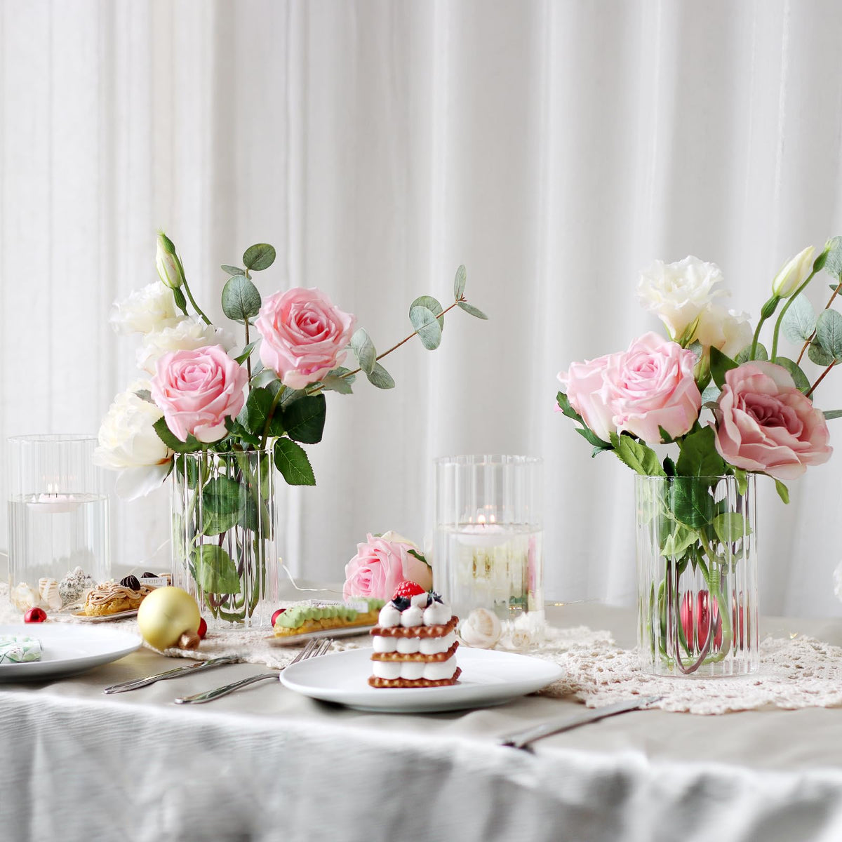 12Pcs Glass Cylinder vases for Centerpieces, 6 Inches Clear Ribbed Bud Vases for Wedding Decorations, Floral Vase Bulk