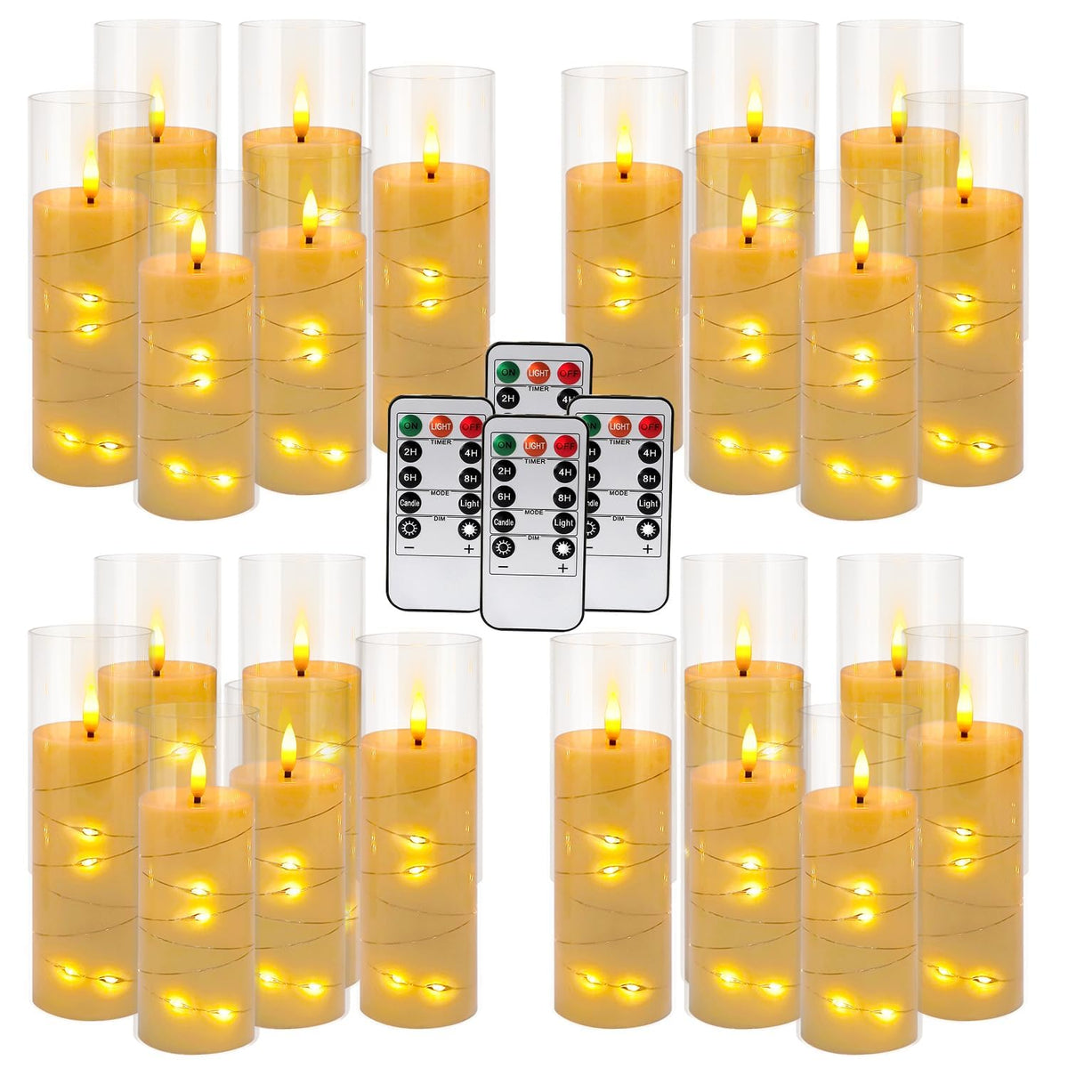 24 Pcs LED Flameless Candles with Remote, 3D Flickering Flame & LED String Lights, Acrylic Clear Cylinder, Timer