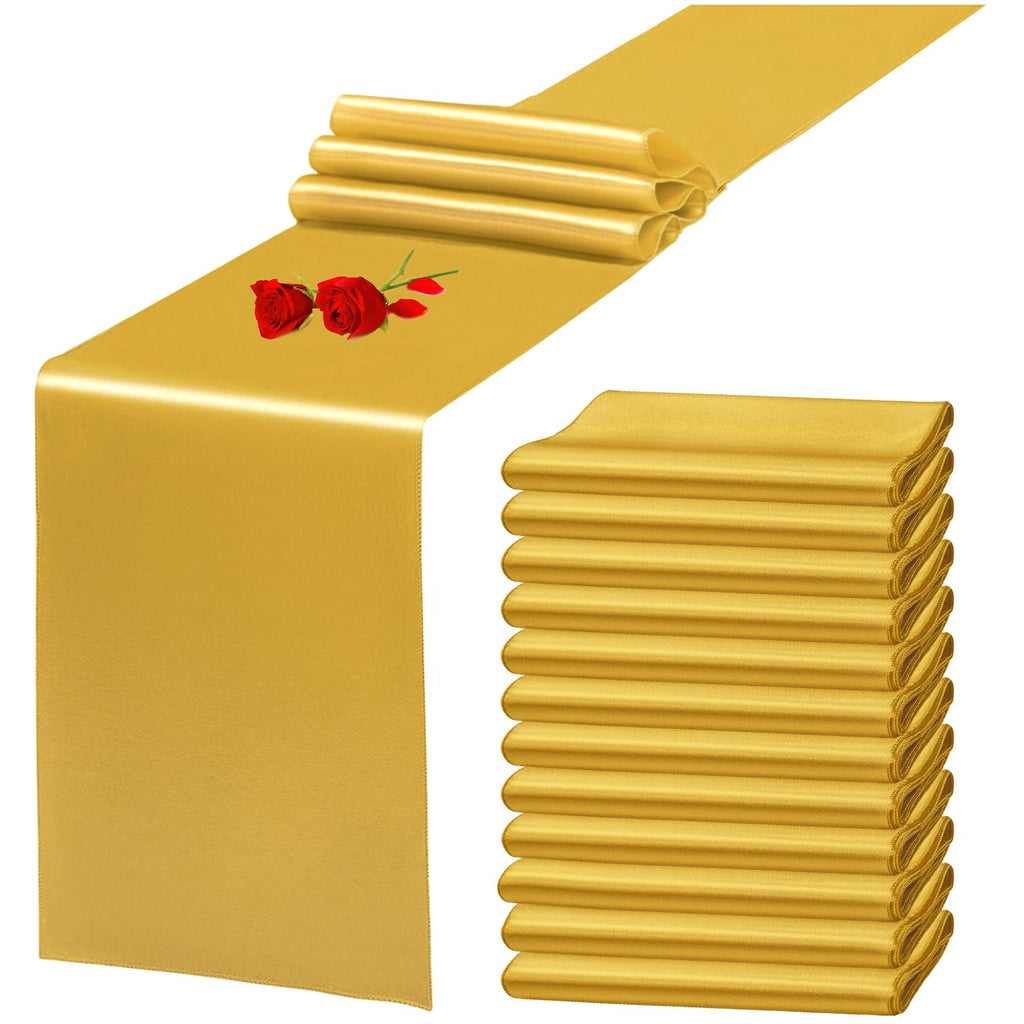 12 Pack Gold Satin Table Runner 12 x 108 Inch Long Premium Table Runners, for Wedding Party Events Decoration