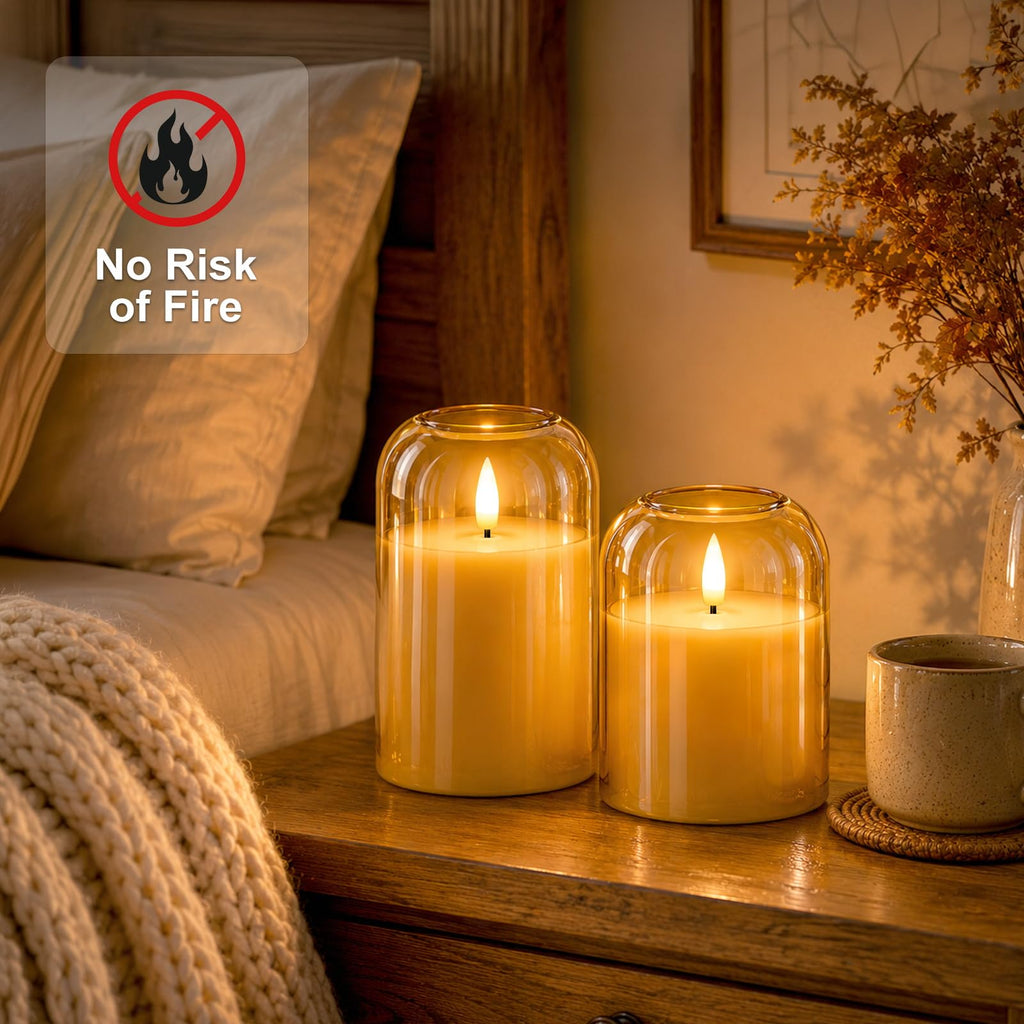 Fall Decorations, Amber Glass Flameless Candles, LED Pillar Candle