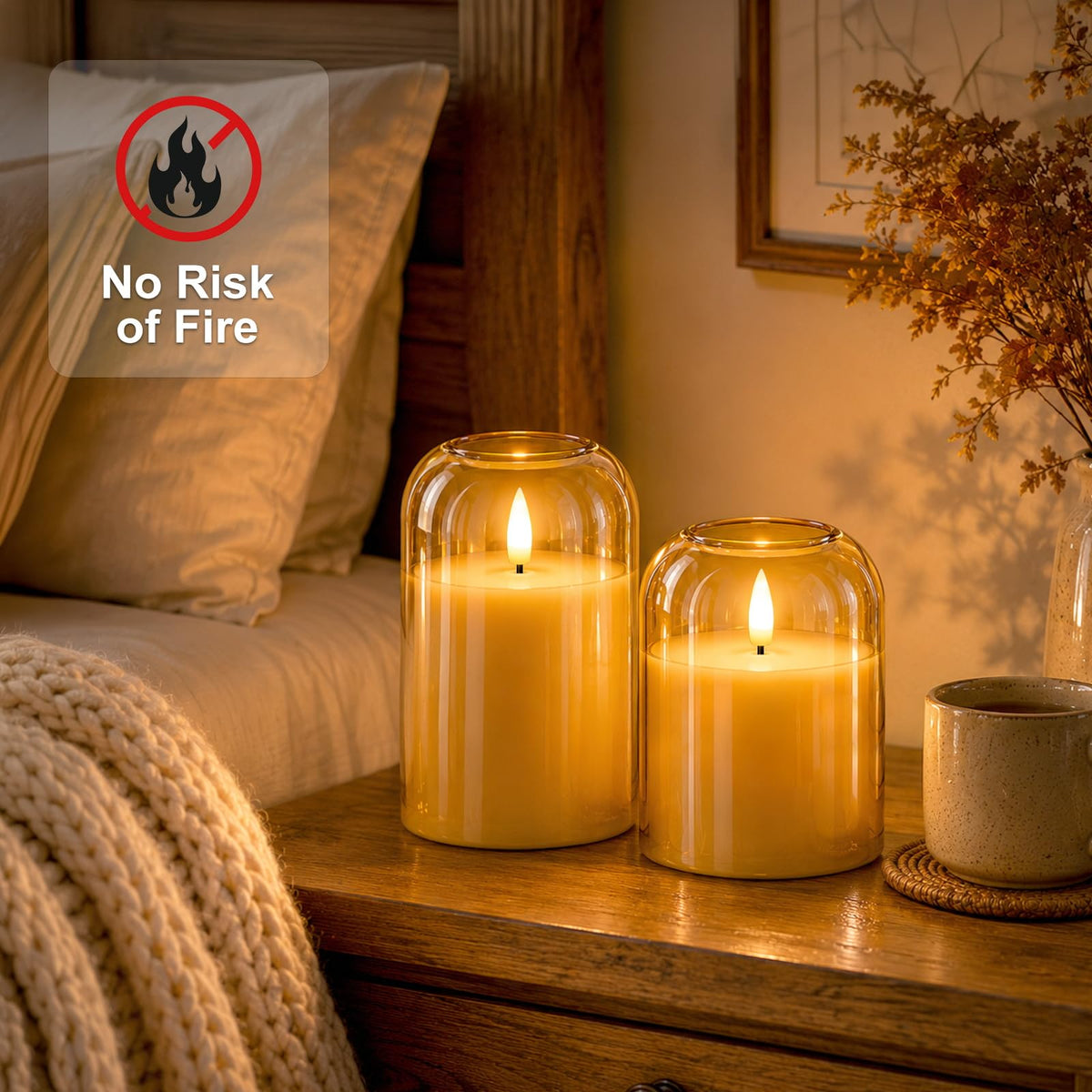 Fall Decorations, Amber Glass Flameless Candles, LED Pillar Candle