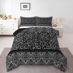 Black Grey Leopard Damask Bowknot Print Bedding Set, Gothic Antique Victorian Baroque Comforter Set Full Size Vintage