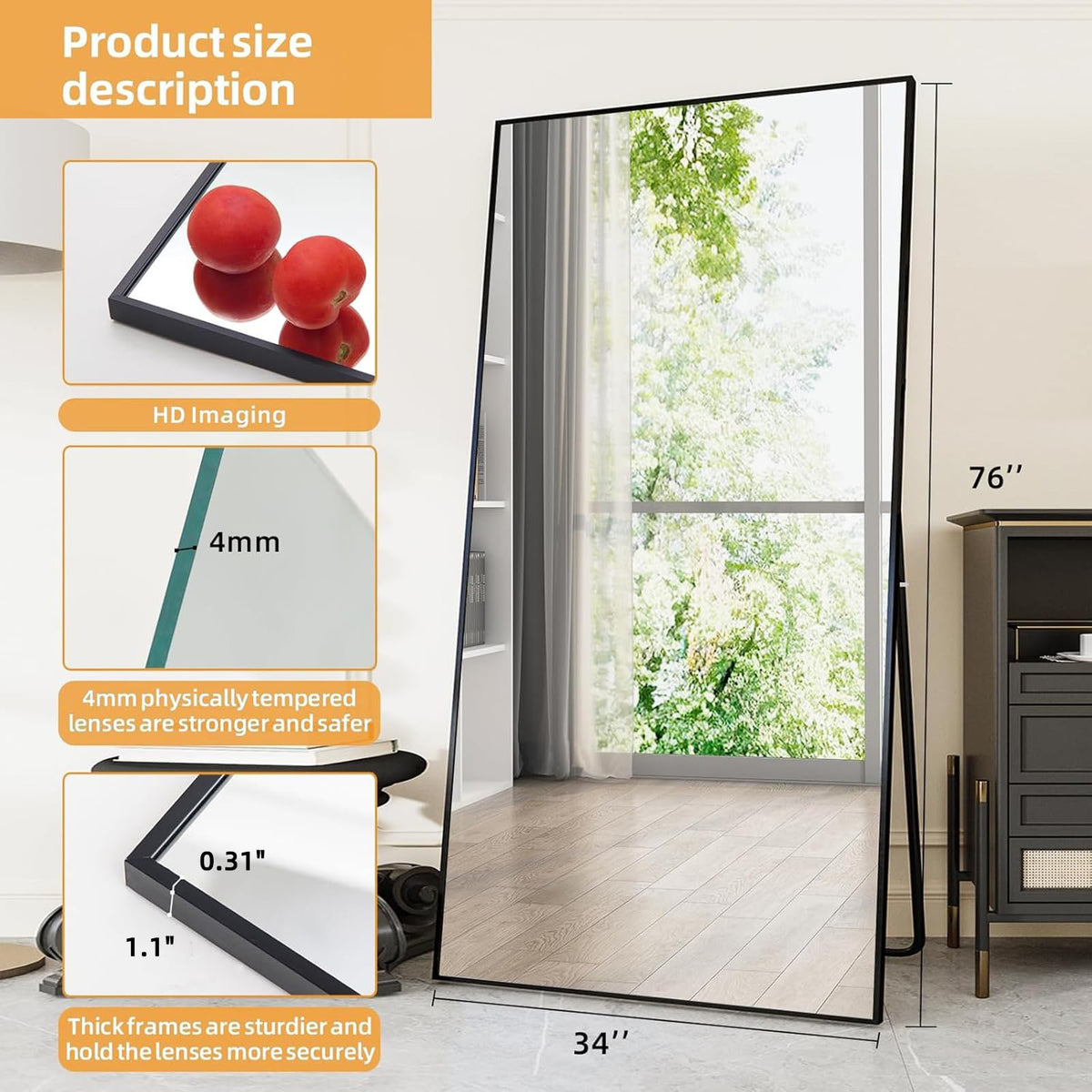 76"x34" Full Length Mirror, Black Floor Mirror