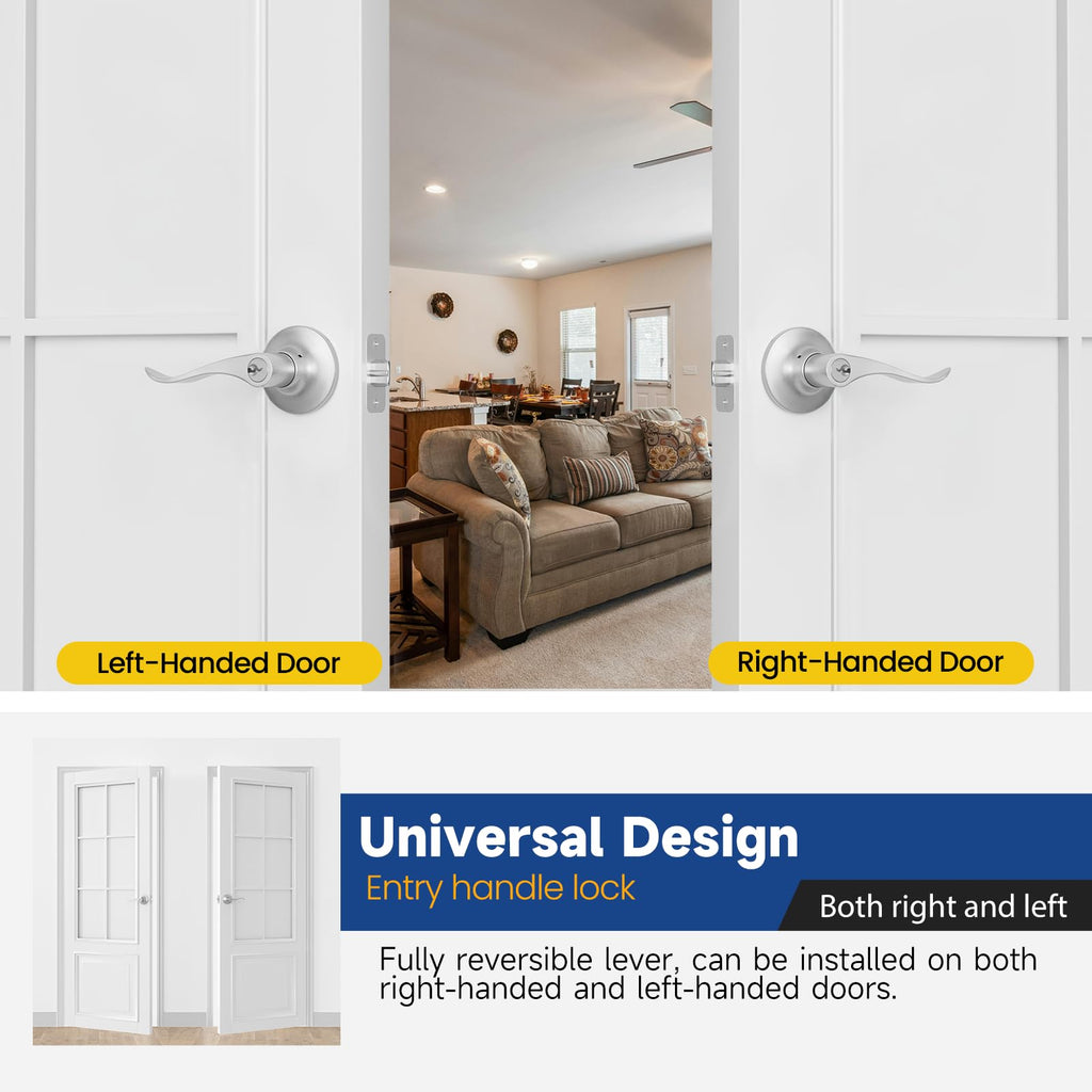 Keyed Entry Door Lever, Door Handle with Lock and Key, Exterior & Interior Door Handle, Wave Style Lever Satin