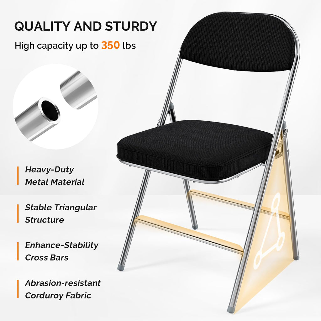 4 Pack Folding Chairs with Padded Seat & Backrest, Metal Frame, Durable Corduroy Fabric, 350 lbs Capacity, Set of 4