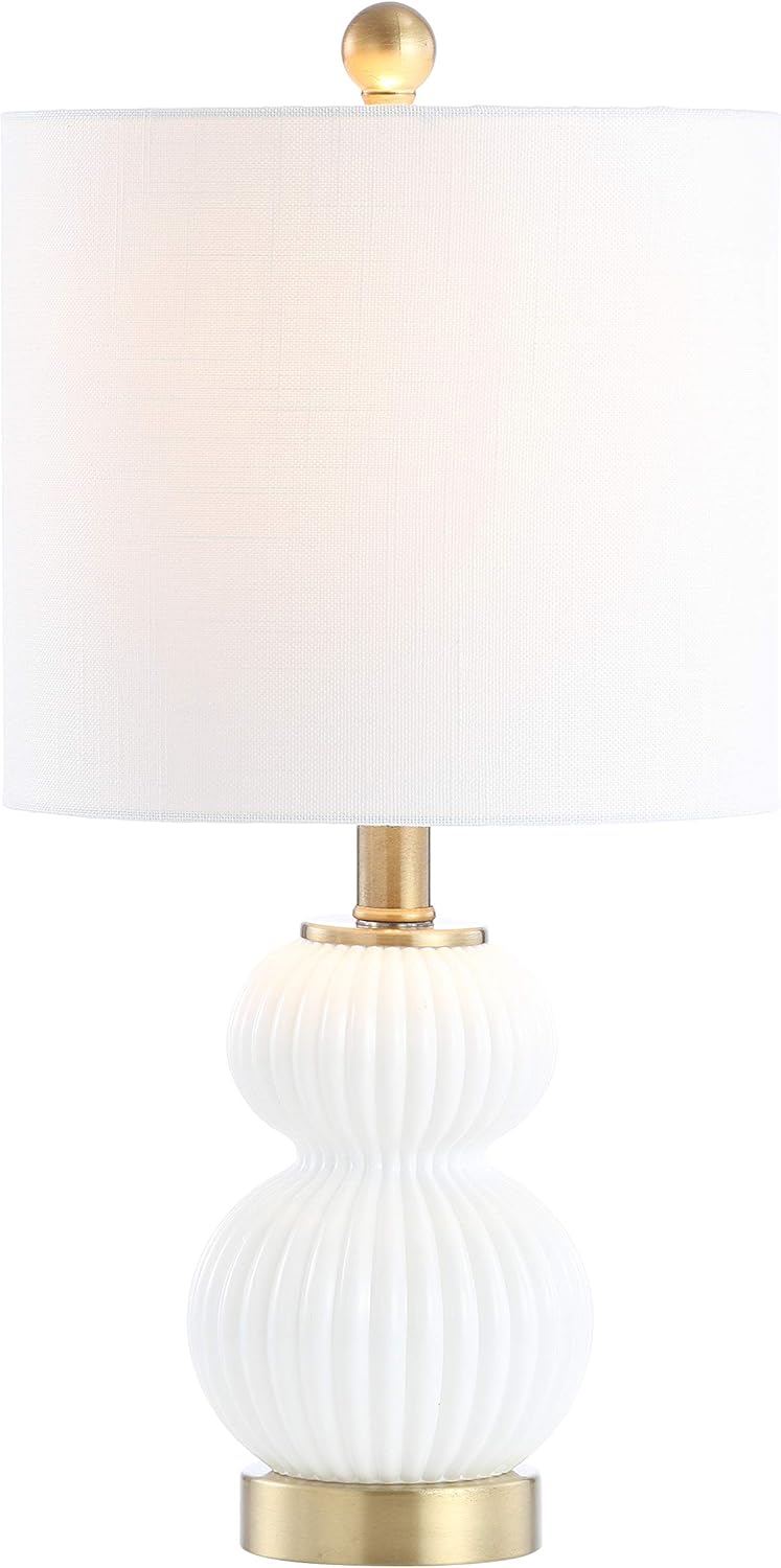 20" White/Brass Gold Ribbed Gourd Glass Table Lamp, Modern Bedside Lamp Living Room, White Linen Drum Shade