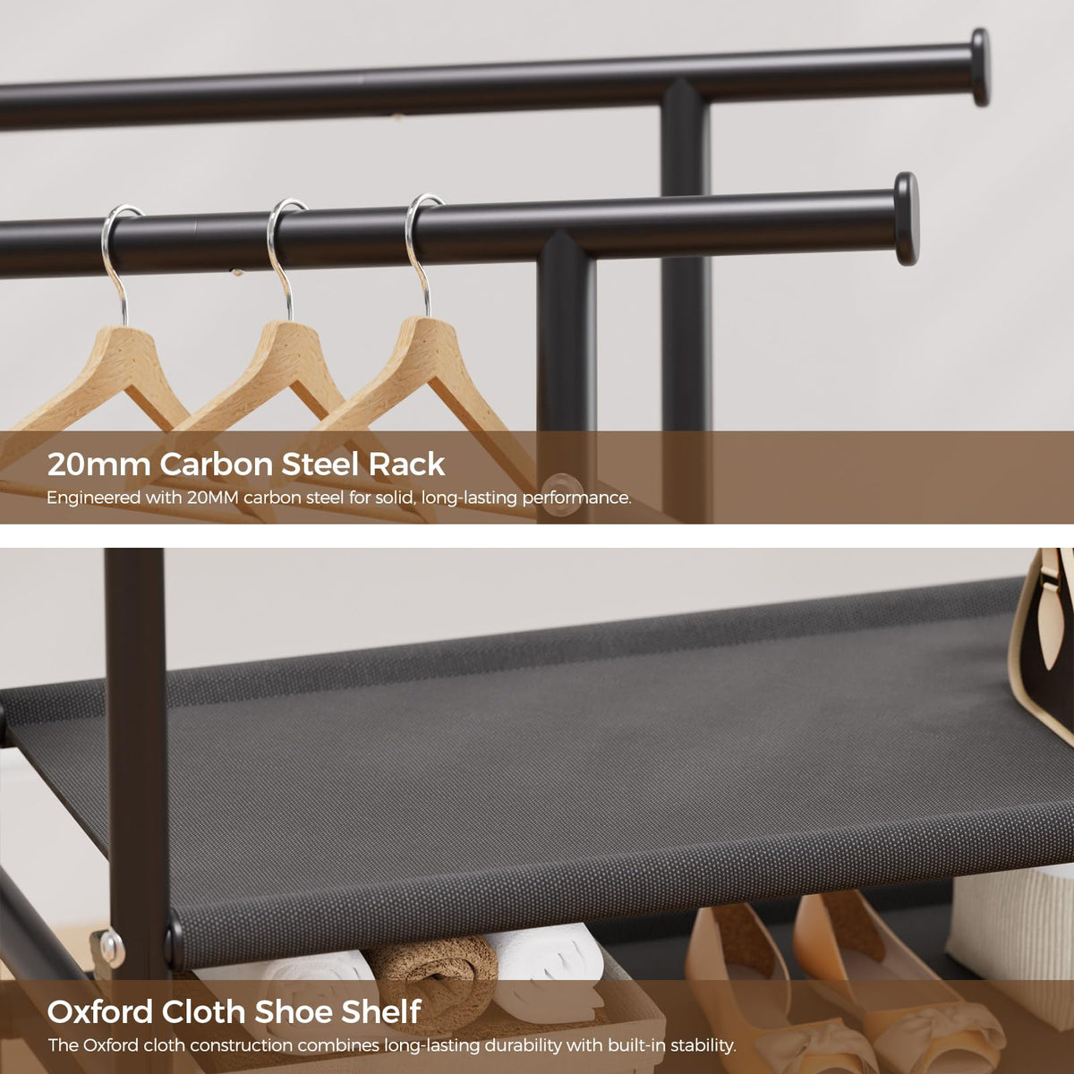 Clothes Rack,Double Rods Rolling Clothing Rack for Hanging Clothes,Portable Garment Rack with 2-Tier Storage