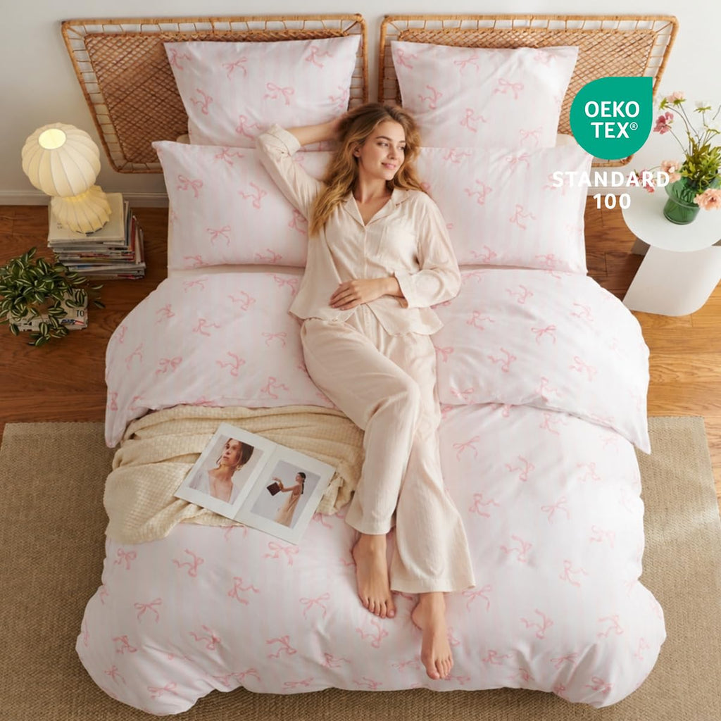 Pink Bow Striped Duvet Cover Set